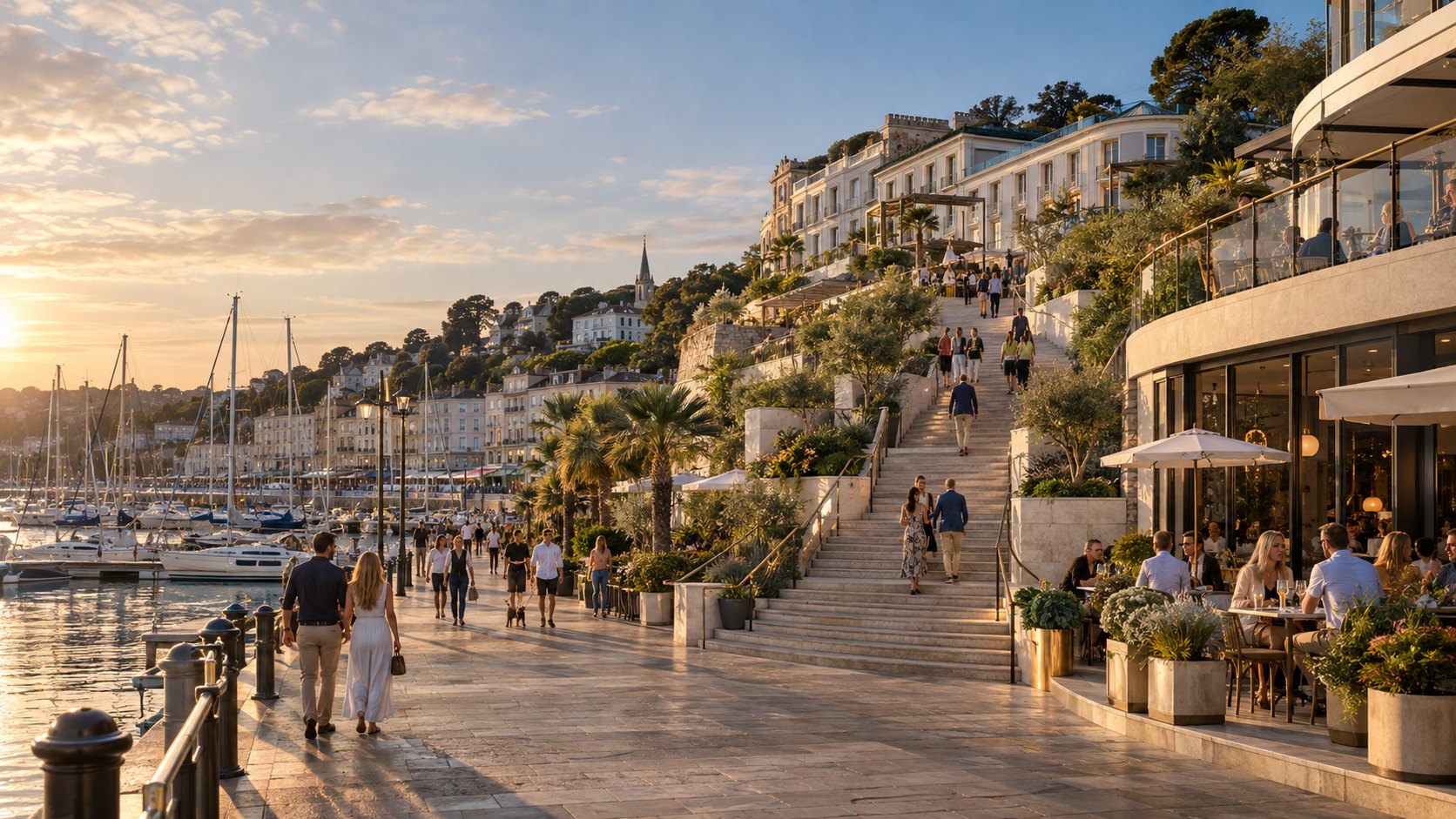 Torquay Harbour stairway rising to The Strand's terrace at golden hour