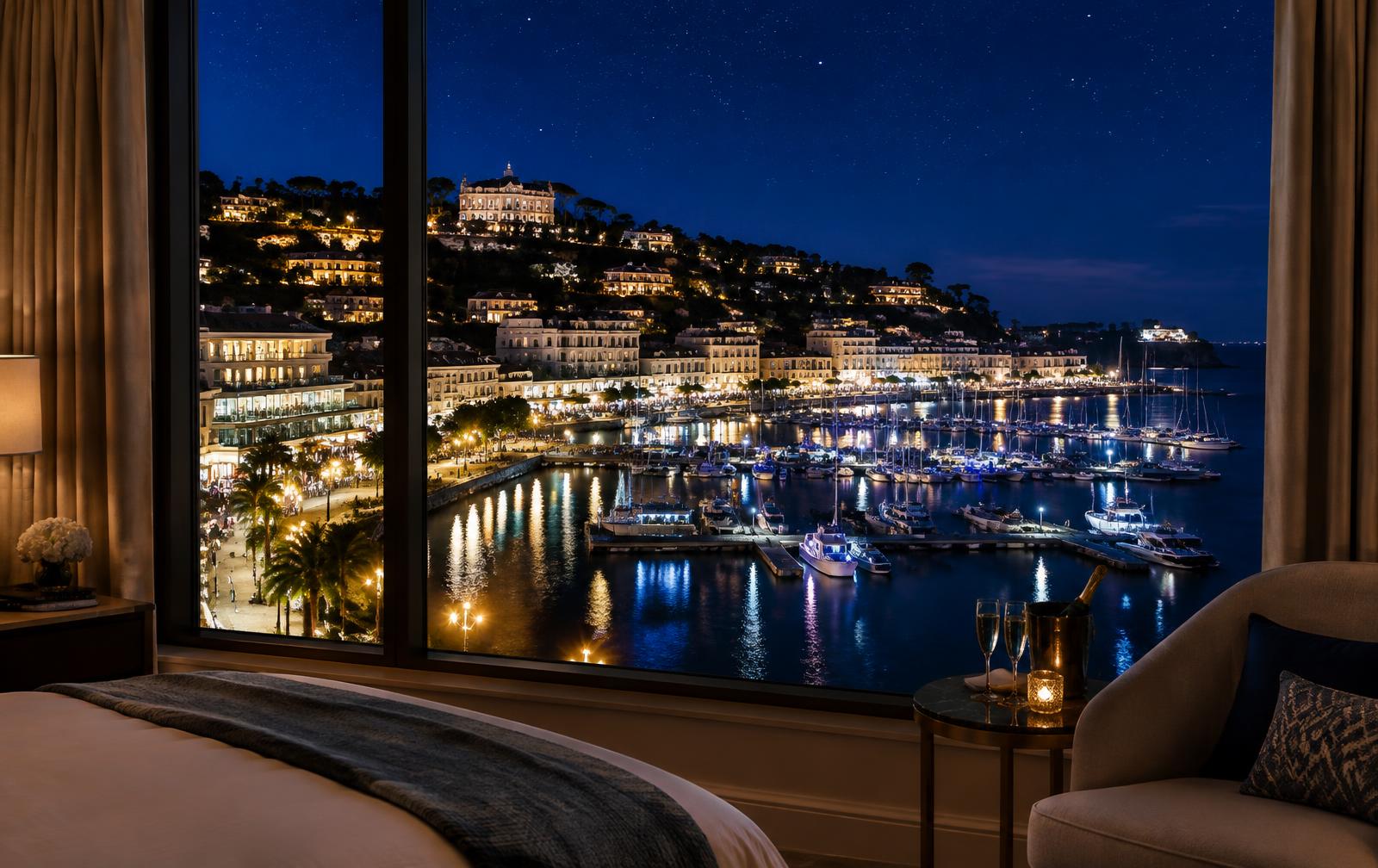 Torquay harbour at night from the suite